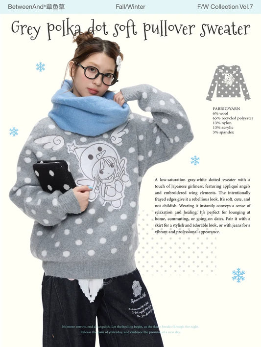 Grey polka dot soft pullover sweater with penguin angel print