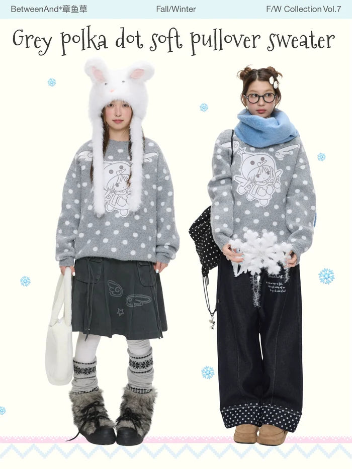 Grey polka dot soft pullover sweater with penguin angel print