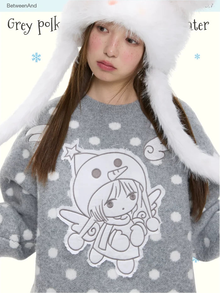 Grey polka dot soft pullover sweater with penguin angel print