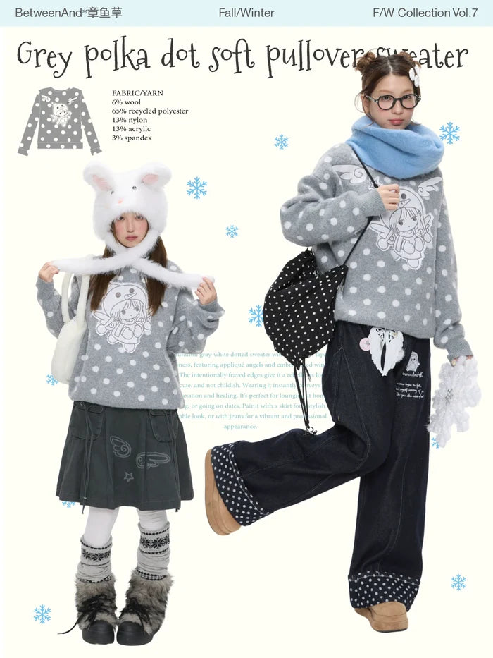 Grey polka dot soft pullover sweater with penguin angel print