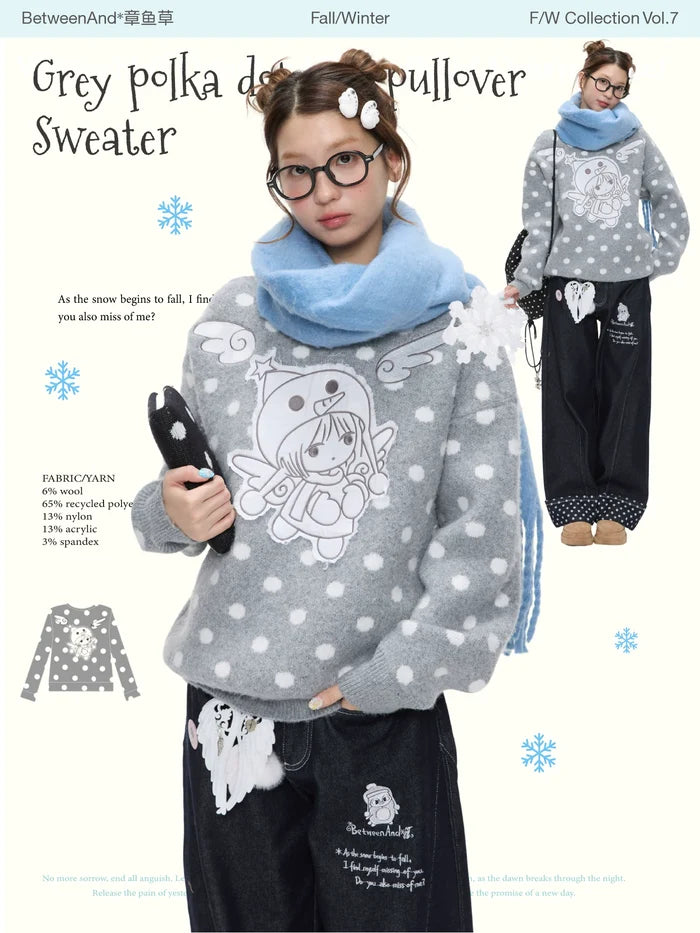 Grey polka dot soft pullover sweater with penguin angel print
