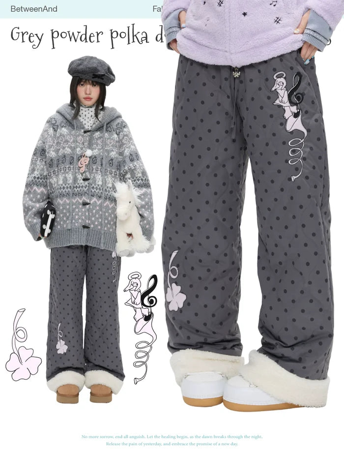 Grey powder polka dot quilted pants with fleece lining