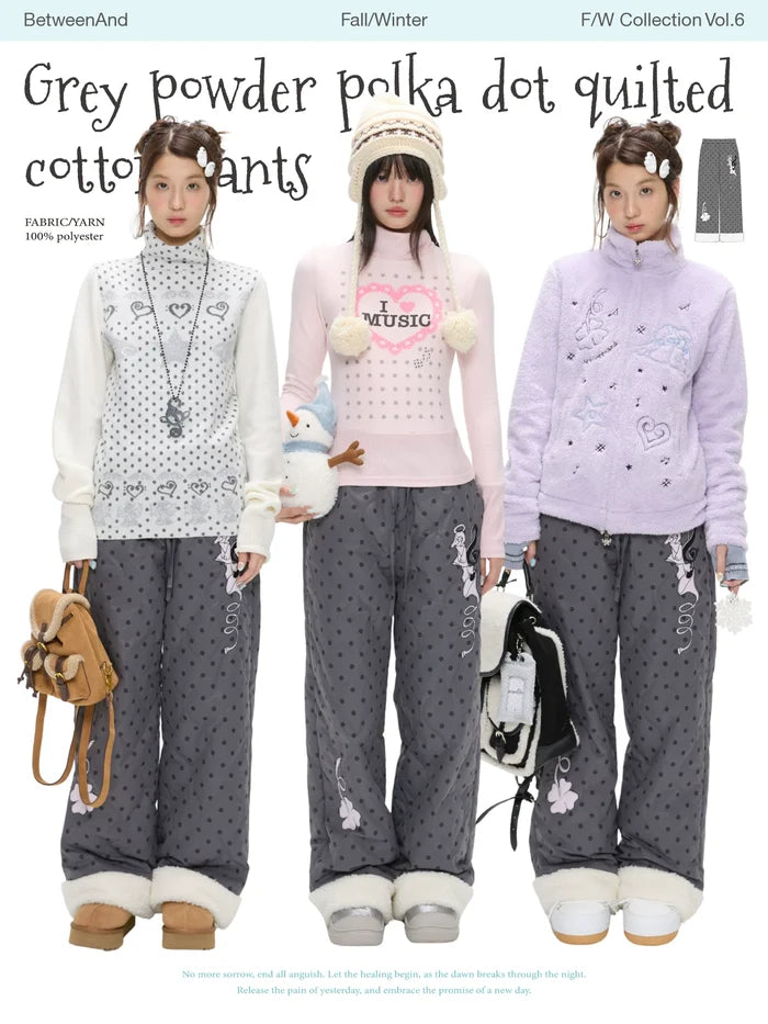 Grey powder polka dot quilted pants with fleece lining