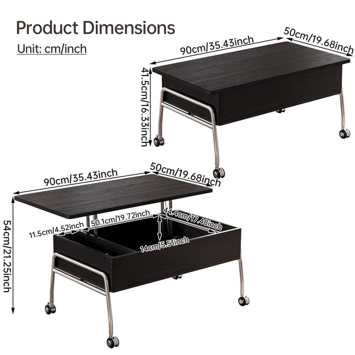 Guyii Black Lift Top Coffee Table – Adjustable Height Table with Storage & Wheels for Living Room & Home Office