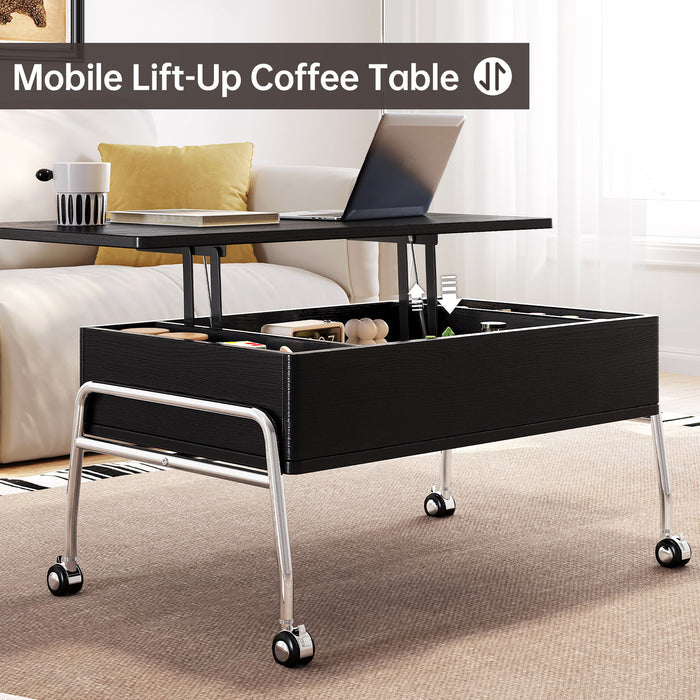 Guyii Black Lift Top Coffee Table – Adjustable Height Table with Storage & Wheels for Living Room & Home Office