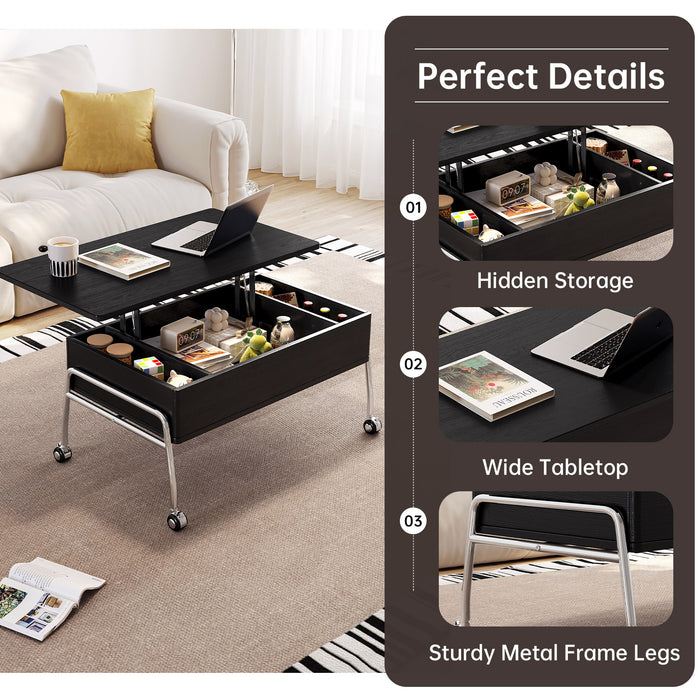 Guyii Black Lift Top Coffee Table – Adjustable Height Table with Storage & Wheels for Living Room & Home Office