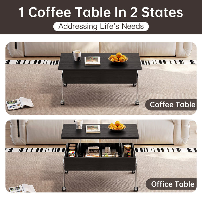 Guyii Black Lift Top Coffee Table – Adjustable Height Table with Storage & Wheels for Living Room & Home Office