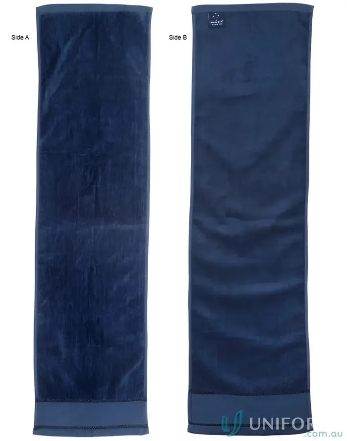 Two-sided blue gym fitness towel with terry towelling and velour finish