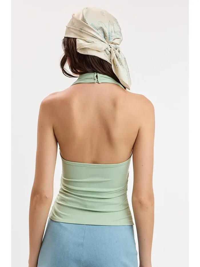 Halter V-Neck Open Back Charm Trim Ruched Top