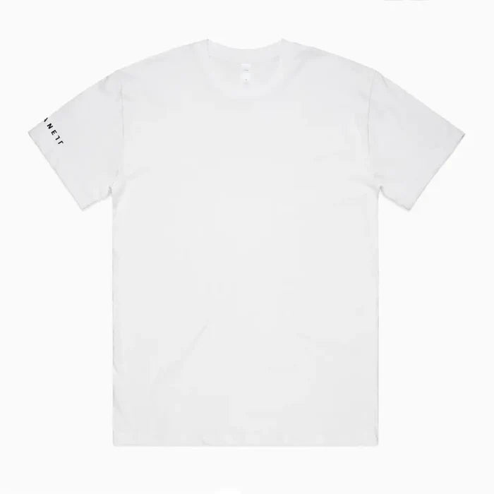 White cotton hike oversize tee with minimalist design and subtle black text on left sleeve perfect for workwear uniforms