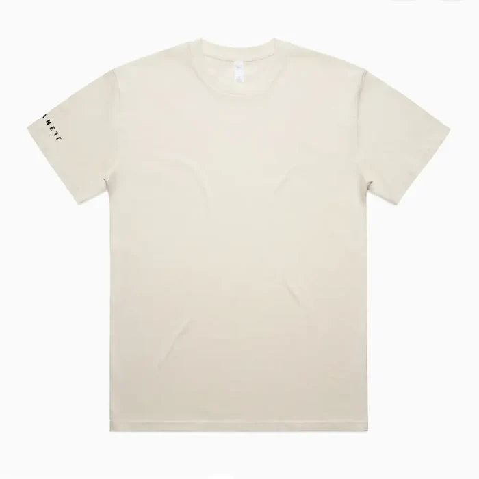 Cream-colored minimalist hike oversize tee with black logo on sleeve perfect for casual work uniforms and workwear