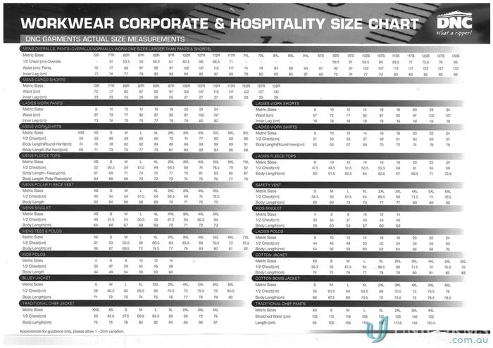 Workwear size chart for HiVis CSR Taped Softshell Jacket, water repellent and durable