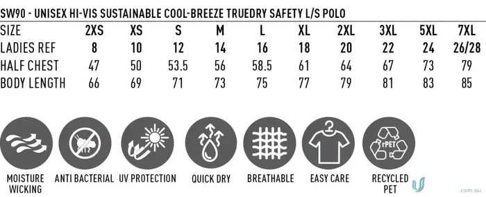 Size chart and features of the HiVis Sustainable Cool-Breeze Safety Polo shirt