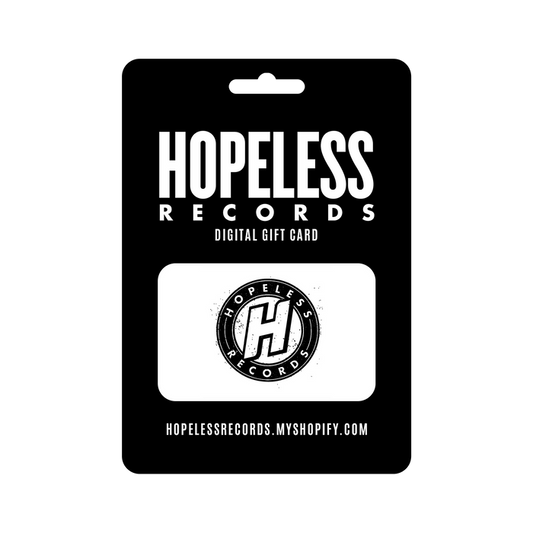 A sleek black Hopeless Records Digital Gift Card with bold white text and logo. Visit hopelessrecords.myshopify.com to redeem your code online for exclusive music and merch.