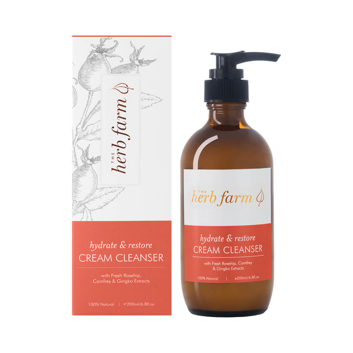 200ml pump bottle The Herb Farm Hydrate & Restore Cream Cleanser with fresh rosehip, comfrey, and gingko extracts.