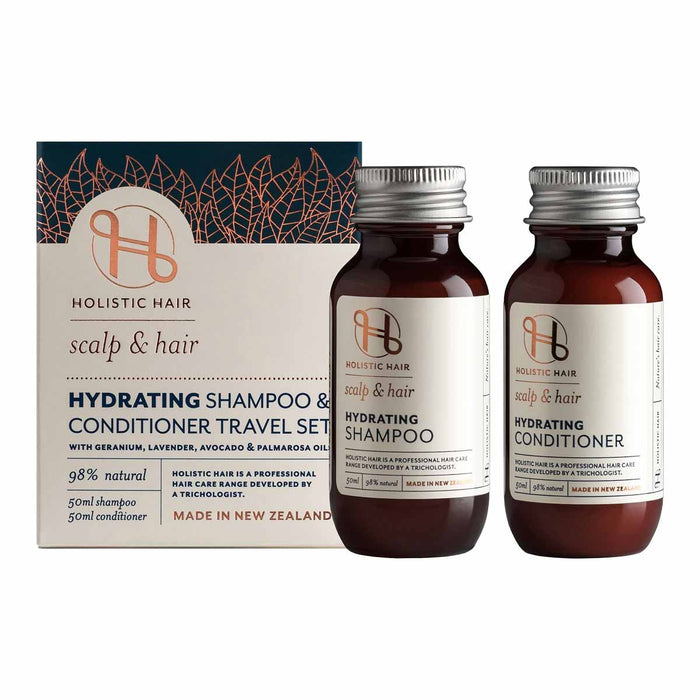 50ml travel bottles of Hydrating Shampoo & Conditioner next to box packaging on a white background.