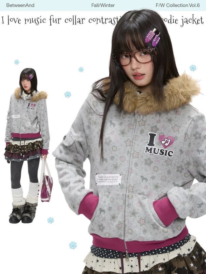 I love music fur collar contrasting color hoodie jacket