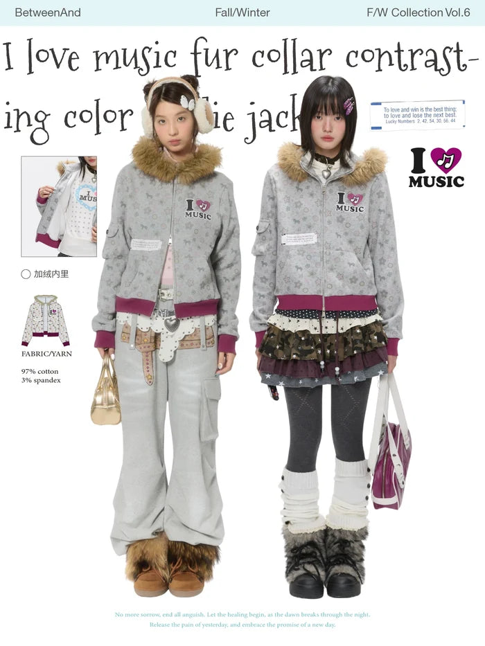 I love music fur collar contrasting color hoodie jacket
