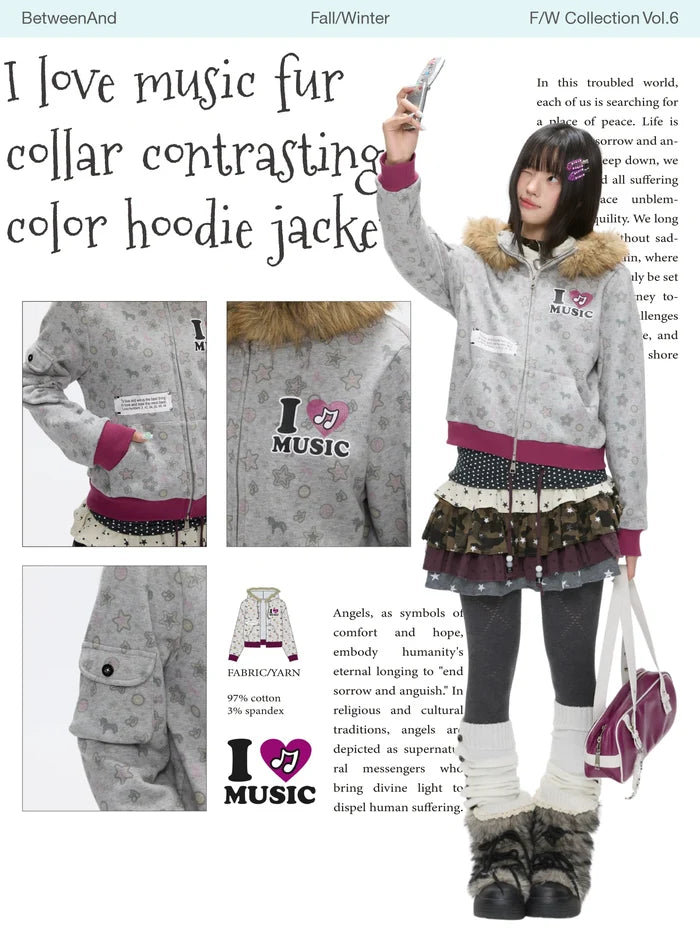I love music fur collar contrasting color hoodie jacket
