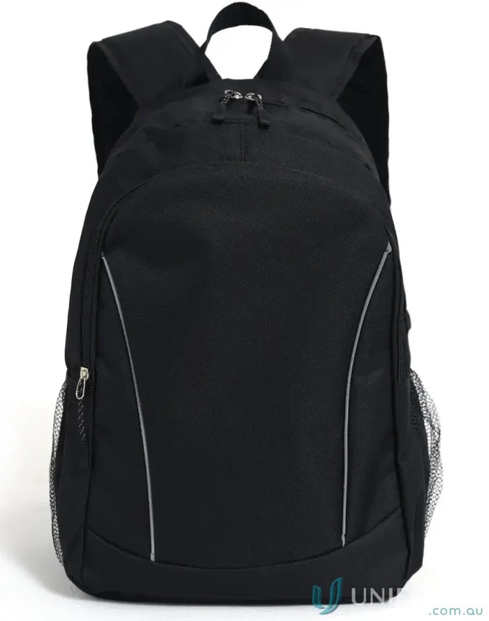 Black Iconic Promo Backpack B5030 with Silver Accents and Adjustable Shoulder Straps