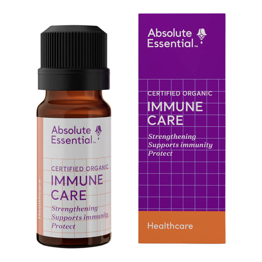 Absolute Essential certified organic immune care bottle and packaging on a white background.