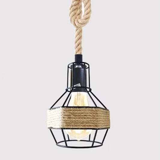Industrial Hemp Rope Pendant Light - Black Cage  E27 Lamp ~ 6203