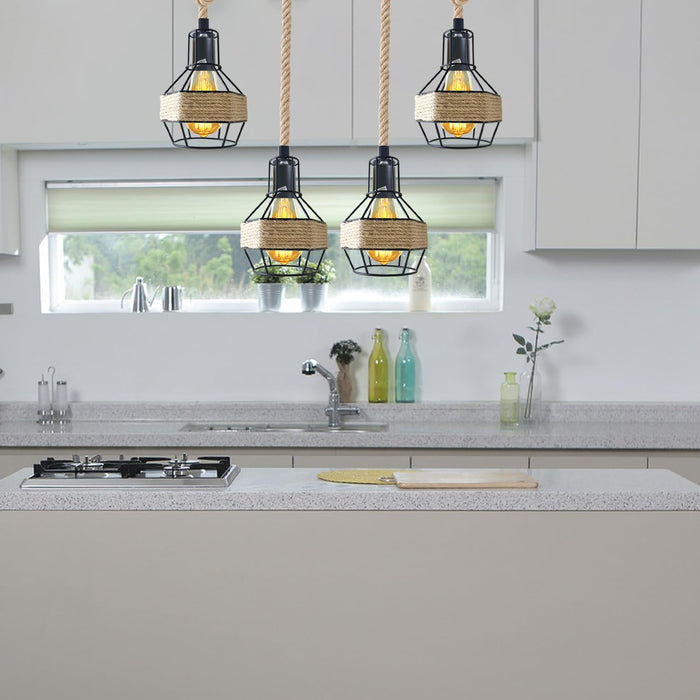 Industrial Hemp Rope Pendant Light - Black Cage  E27 Lamp ~ 6203