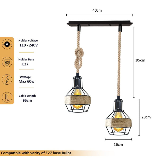 Industrial Hemp Rope Pendant Light - Black Cage  E27 Lamp ~ 6203