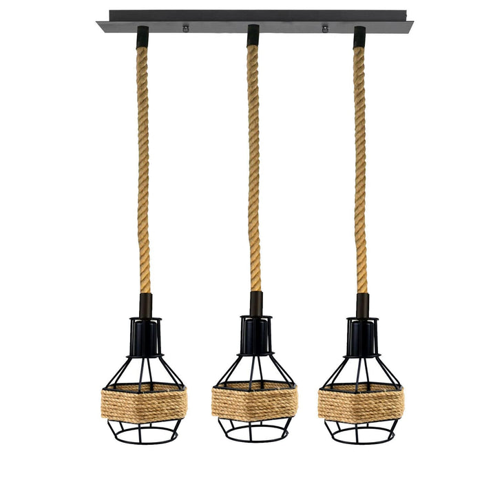 Industrial Hemp Rope Pendant Light - Black Cage  E27 Lamp ~ 6203
