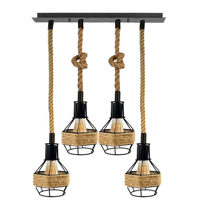 Industrial Hemp Rope Pendant Light - Black Cage  E27 Lamp ~ 6203