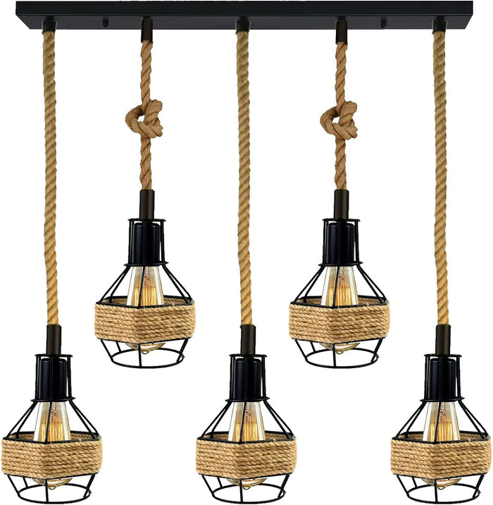 Industrial Hemp Rope Pendant Light - Black Cage  E27 Lamp ~ 6203