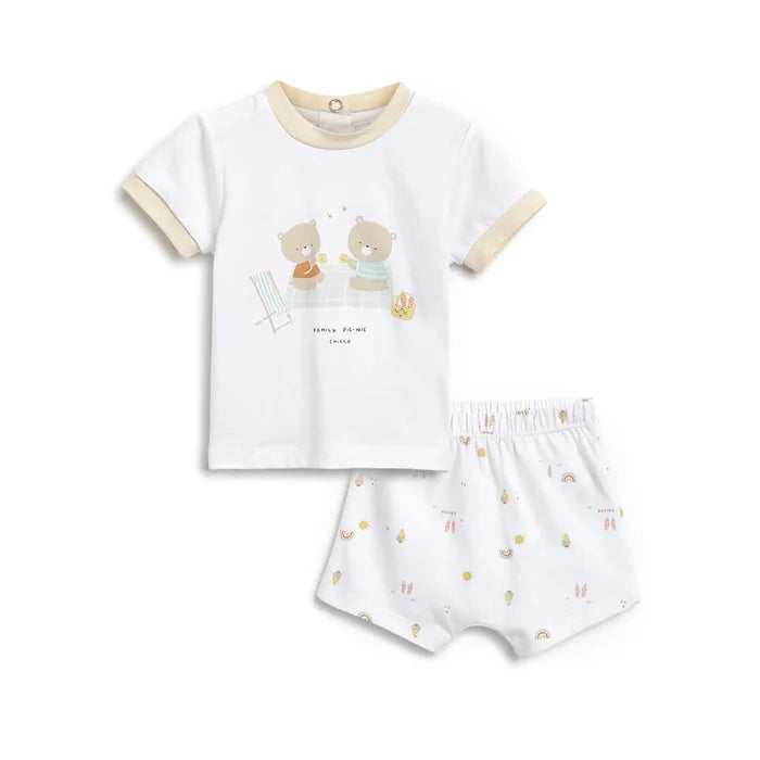Infants White Printed T-Shirt With Shorts