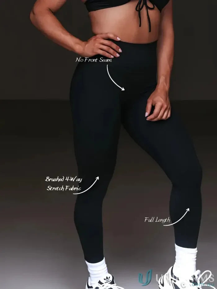 Black full-length invisible scrunch cherry leggings with brushed 4-way stretch fabric and no front seam for workwear uniforms