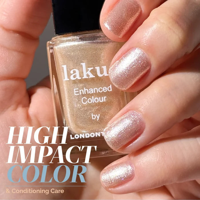 A hand with light skin holds a bottle of LONDONTOWN’s Isla Bonita, a pale shimmering gold nail polish; nails match the molten gold shade. Text on image: “HIGH IMPACT COLOR”.