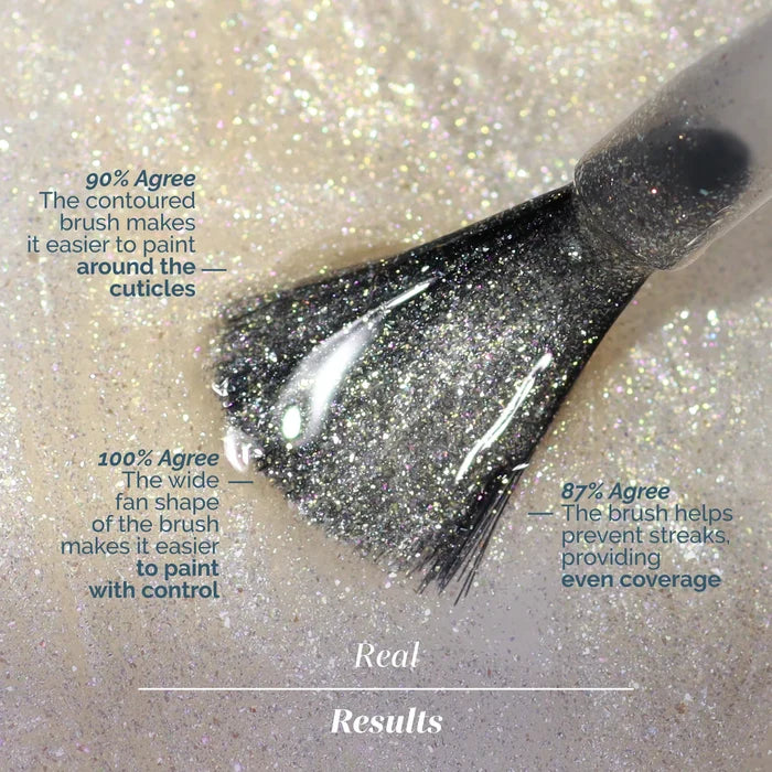 Close-up of Isla Bonita by LONDONTOWN: a glittery nail polish brush glides over shimmering gold, with text sharing customer survey results on its brush design and performance benefits.