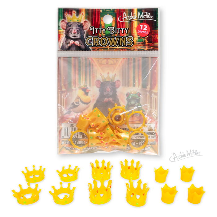 The “Itty Bitty Crowns” package includes 12 mini toy crowns, ideal for decorating action figures, and is displayed in front.