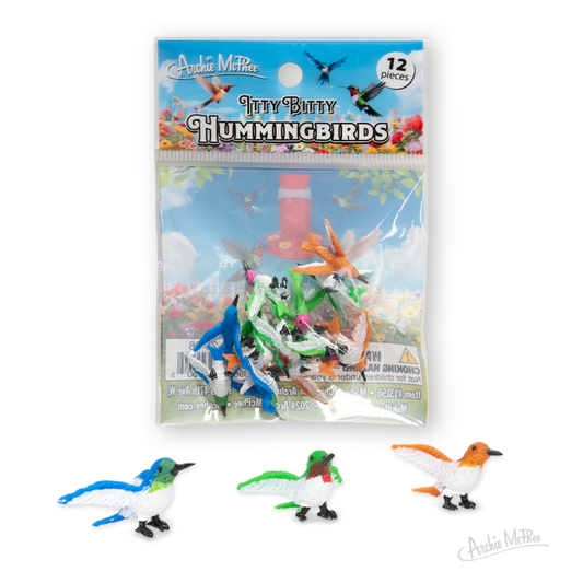The Itty Bitty Hummingbirds set includes 12 colorful, tiny hummingbird figurines made of soft vinyl, all packaged in a clear bag.