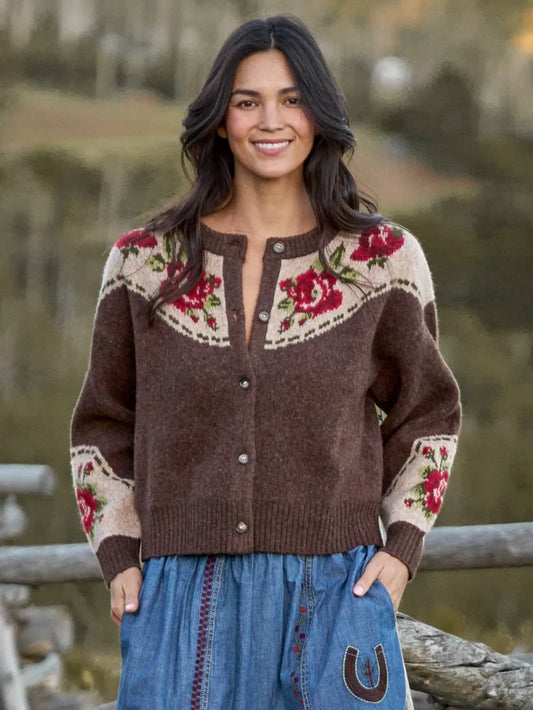 Jacquard Button Front Cardigan Sweater - Espresso Rose-view 1