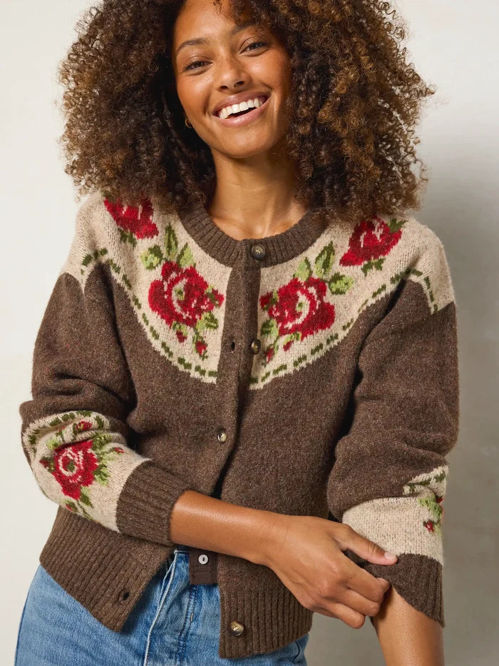 Jacquard Button Front Cardigan Sweater - Espresso Rose-view 2