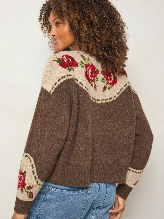 Jacquard Button Front Cardigan Sweater - Espresso Rose-view 3