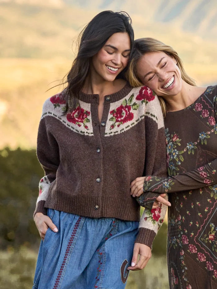 Jacquard Button Front Cardigan Sweater - Espresso Rose-view 4