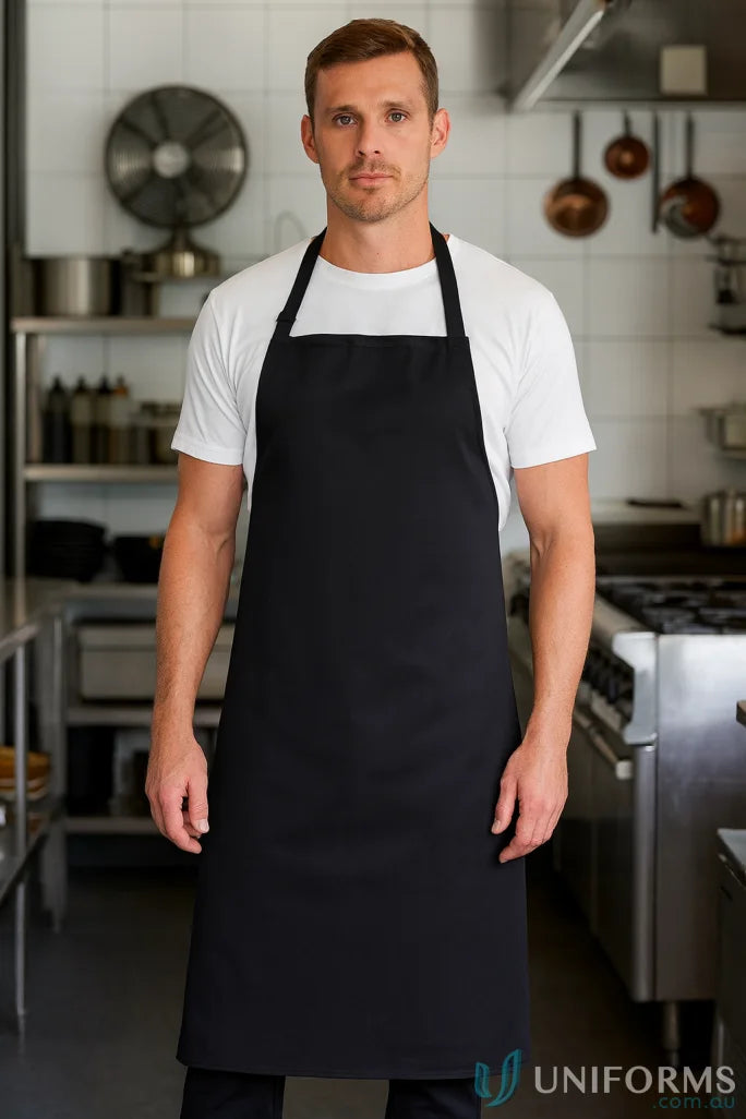 Plain black workwear piece JB’s Bib Apron Without Pocket with neck strap for work uniforms