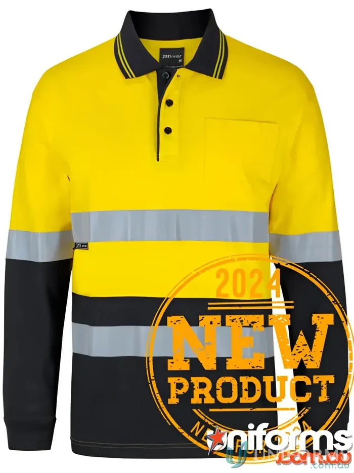 Yellow and black hi-vis long-sleeved polo shirt for work uniforms and sizing specs