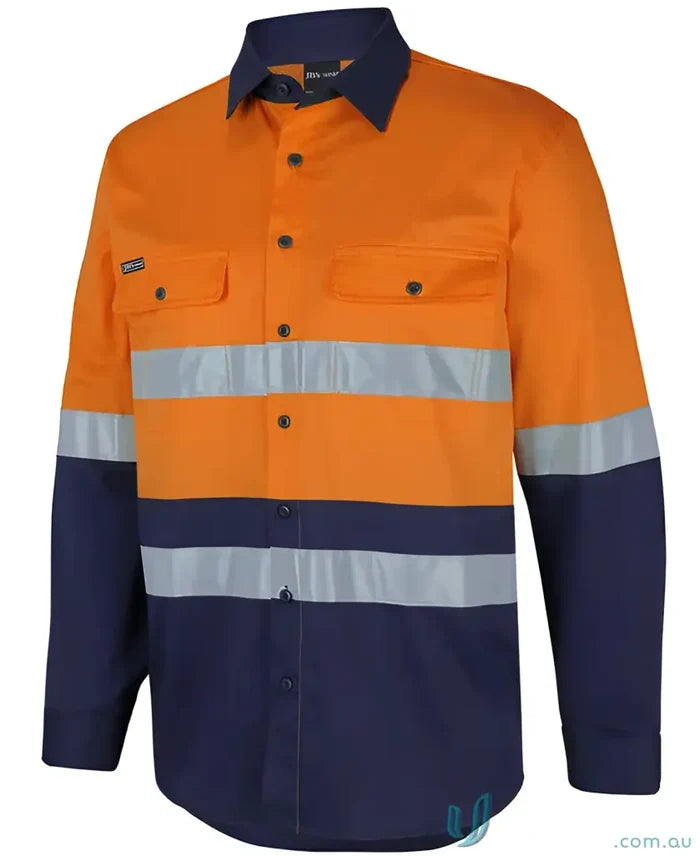 Orange and navy long-sleeved work shirt for comfortable fit workwear or uniforms