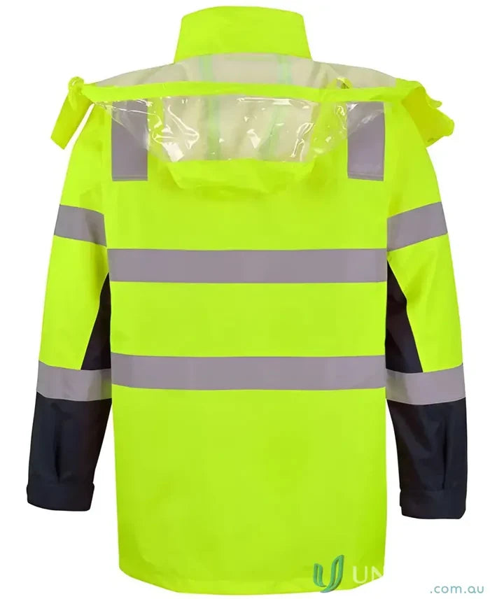 JB’S HI VIS (D+N) Visionary Jacket with hook pile, reflective stripes, and hood for safety uniforms