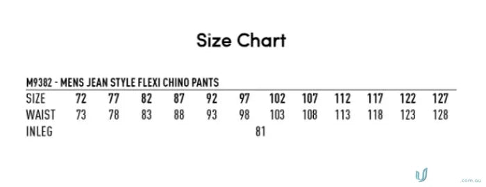 Men’s pants size chart for Jean Style Flexi Chino Pants with jacquard weave feel