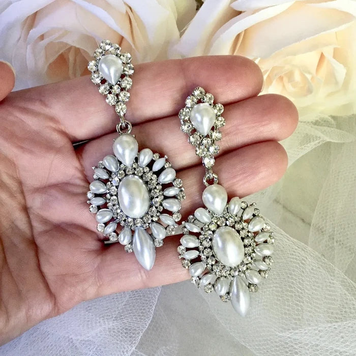 Wedding Jewelry - Pearl and Rhinestone Bridal Earrings