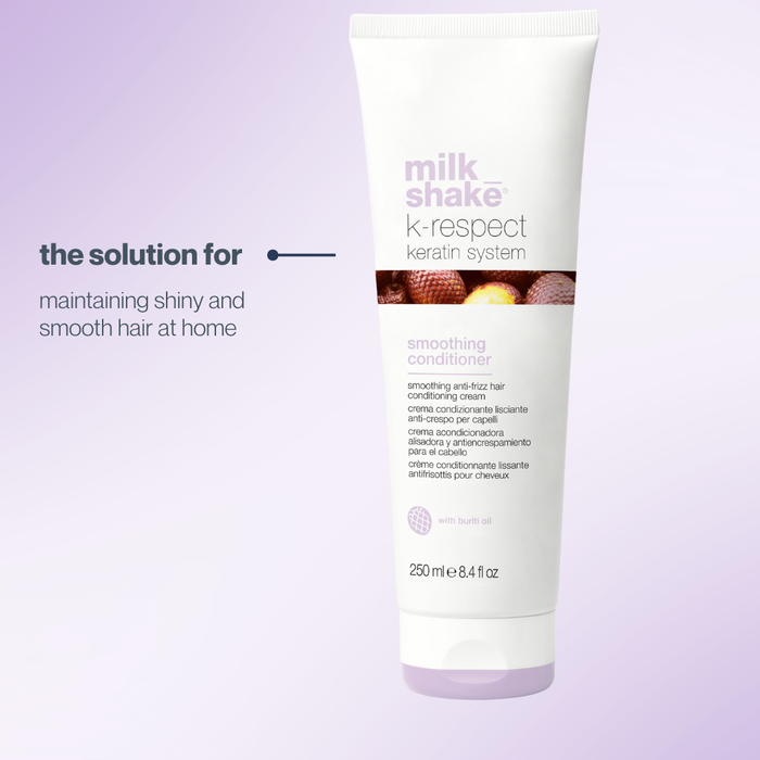 Tube of milk_shake K-respect keratin system smoothing conditioner on a light purple background