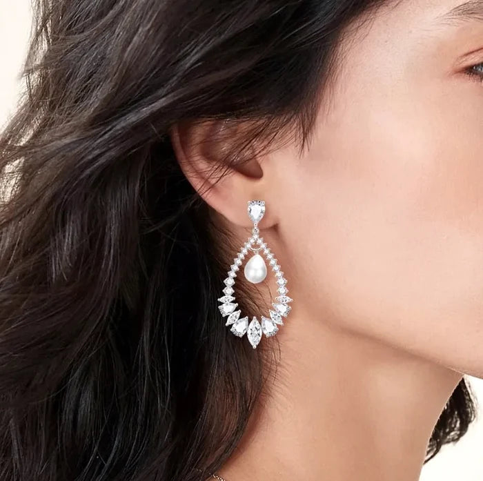 Wedding Jewelry - Pearl and Cubic Zirconia Bridal Earrings - Available in Silver and Rose Gold