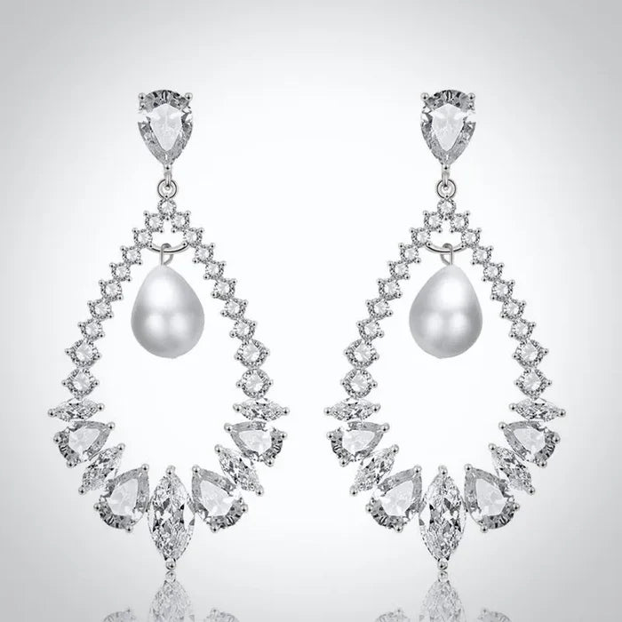 Wedding Jewelry - Pearl and Cubic Zirconia Bridal Earrings - Available in Silver and Rose Gold